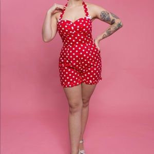 Retro Red Polka dot play suit, NWT, US 6/8